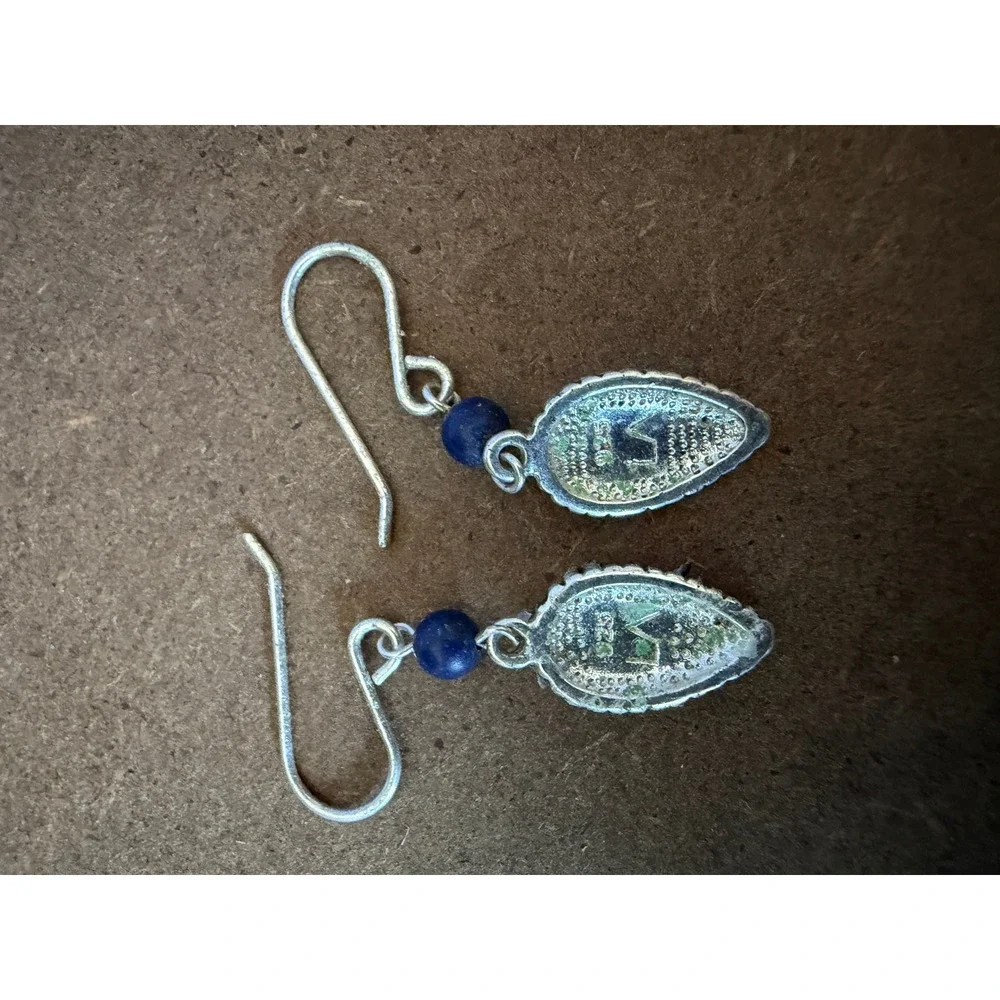 925 Sterling Silver Lapis Lazuli‎ Teardrop Filigree Hook Drop Earrings Blue Bead